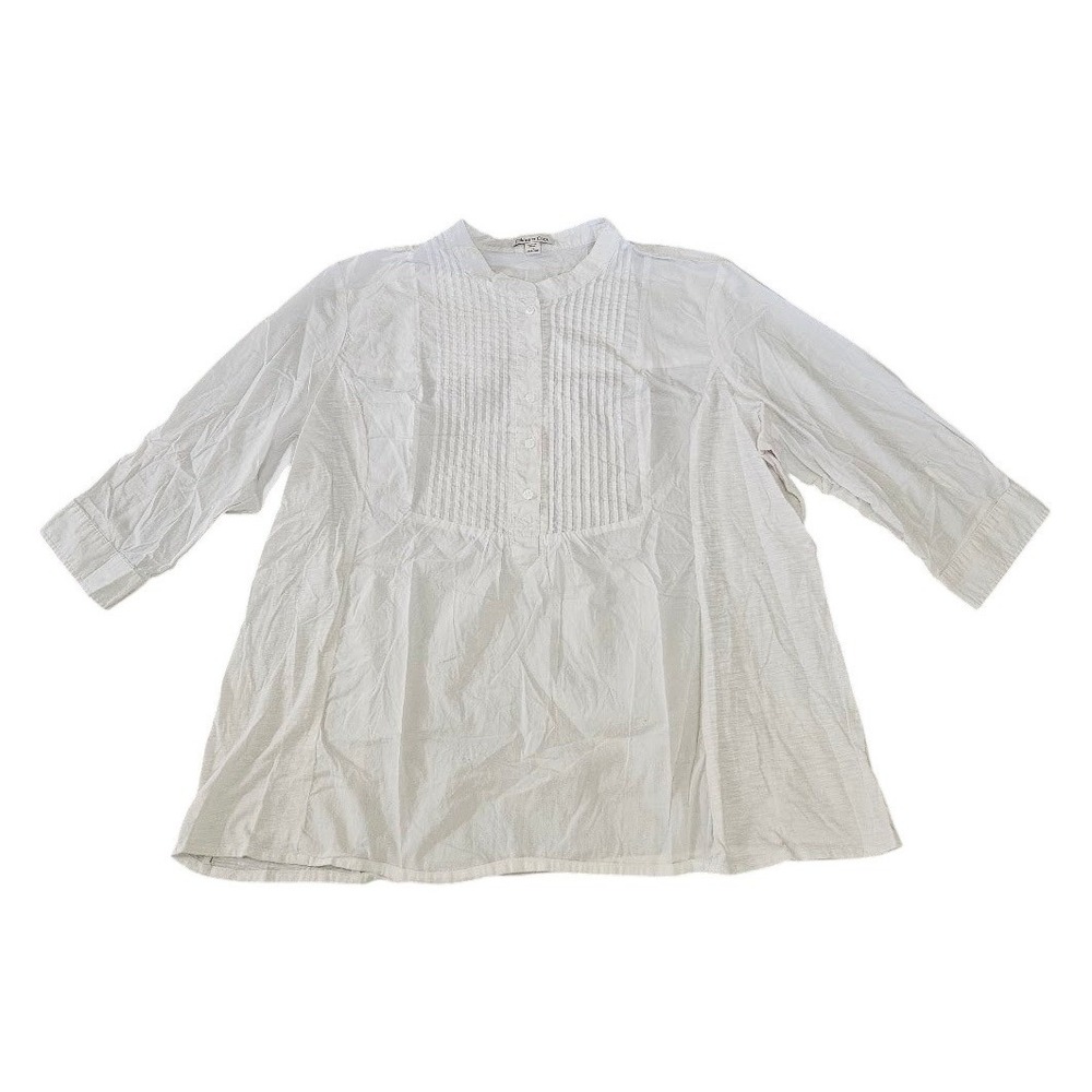 Coldwater Creek White Cotton Pleated Bib Tunic Top 3X 24W-26W Peasant Boho